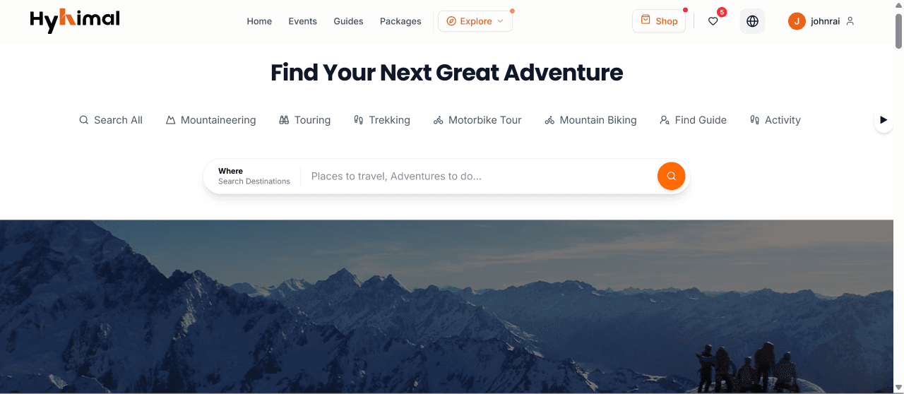 HyHimal adventure travel platform homepage showcasing trekking, tours, and travel booking features.