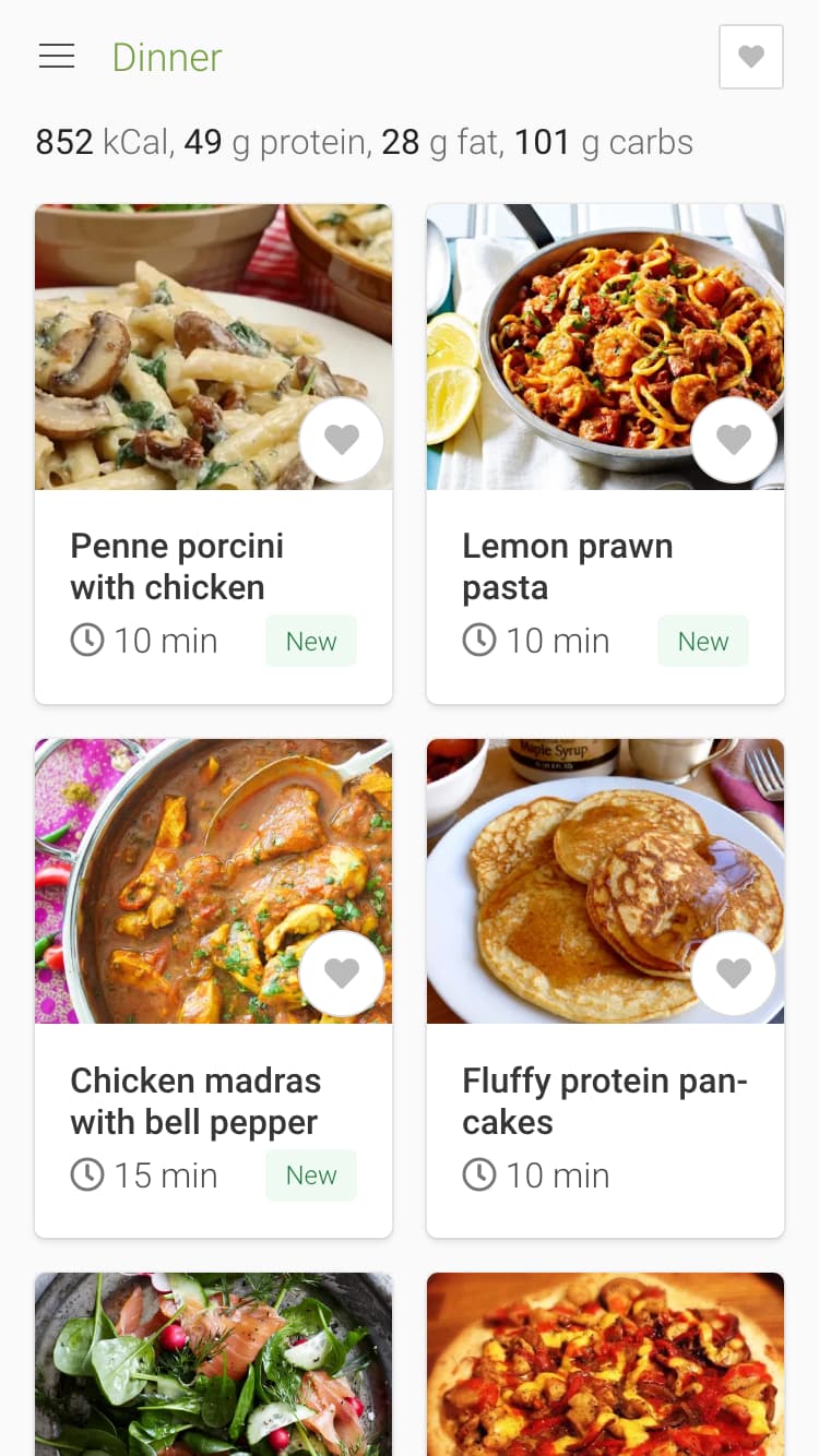 WeekMeals mobile application displaying personalized nutrition planning and meal management features.