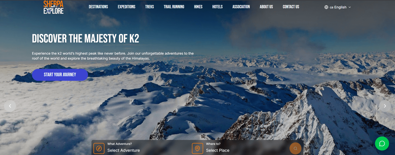 Sherpa Explore travel platform featuring Himalayan trekking routes, mountain expeditions, and adventure travel experiences.