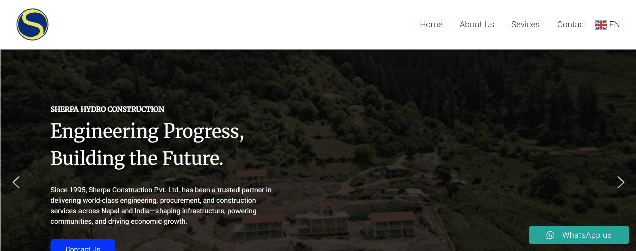 Sherpa Hydro Construction website featuring hydropower, transportation infrastructure, bridges, tunnels, and civil engineering services.